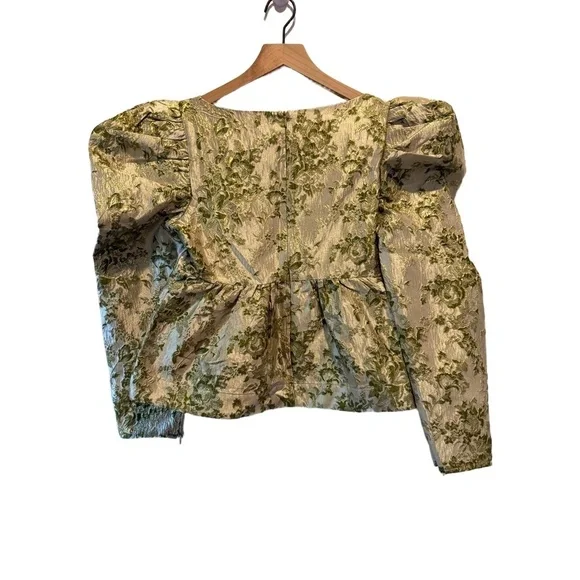 NWT Hyacinth House Tuckernuck Size XS Gold Green Jacquard Floral Metallic Blouse - Picture 8 of 14